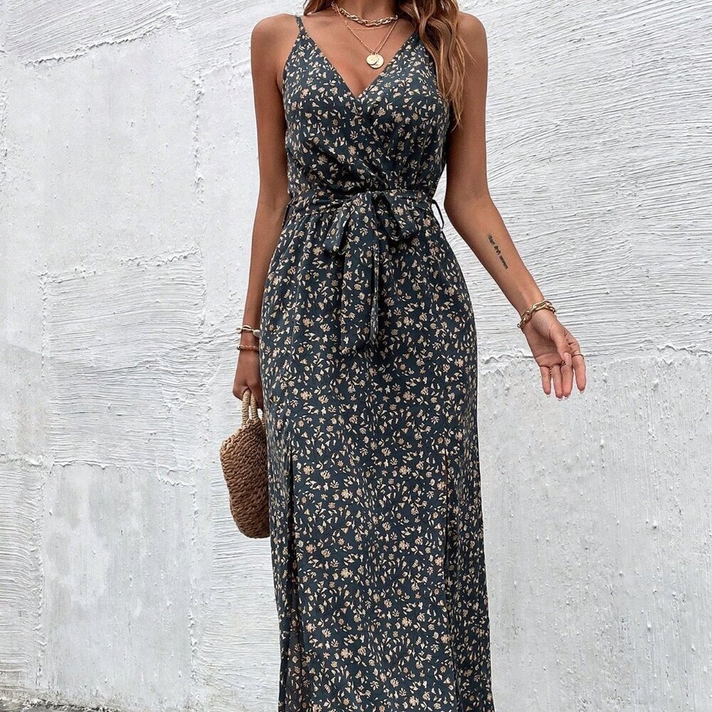 Dark Wash Boho Women's Floral Print Maxi Cami Dress with Double Side Slits - Picture 4 of 6